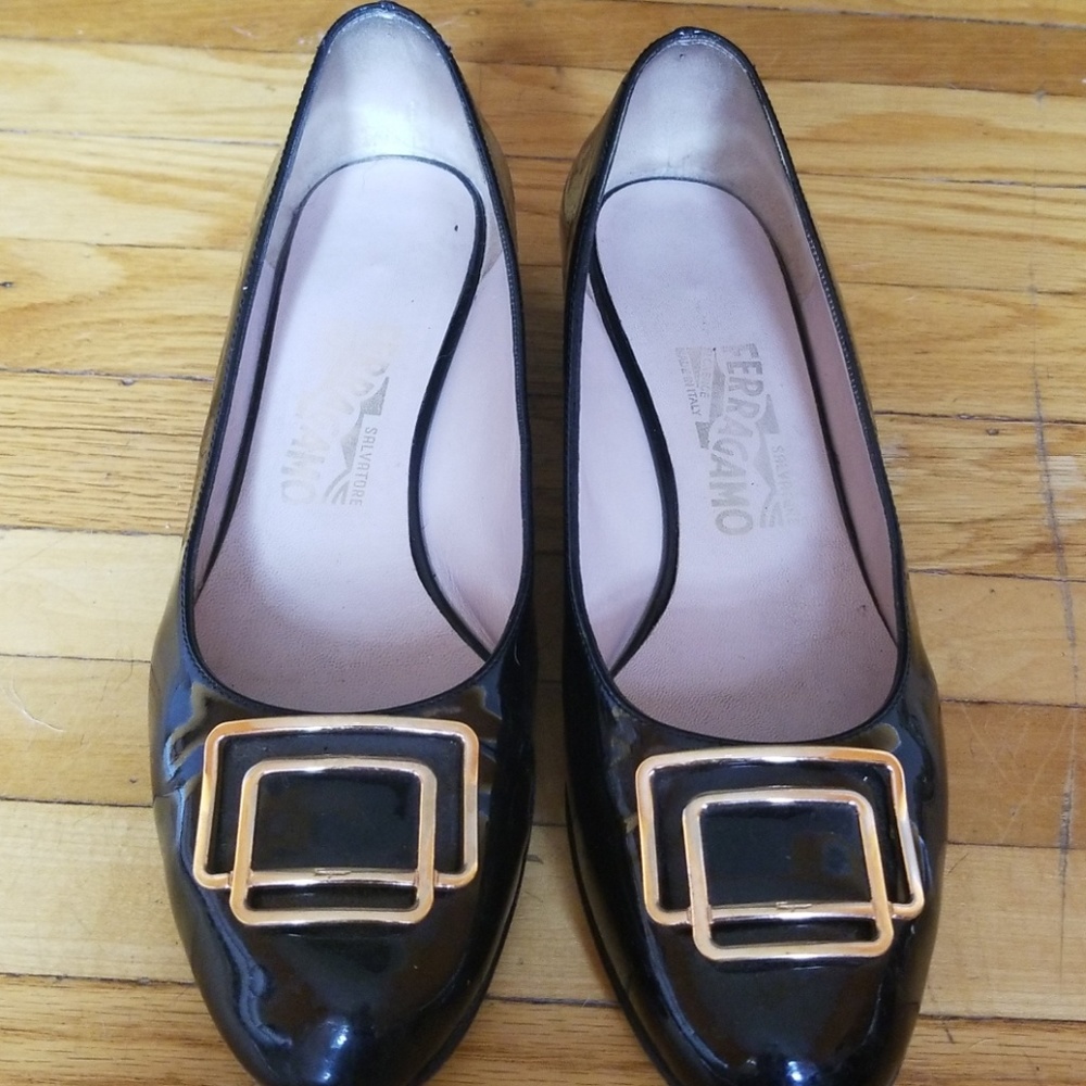 Ferragamo Patent Black Flats